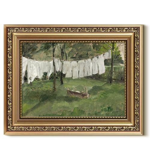 VIYYIEA Gold Framed Wall Art, Drying White Clothes Canvas Print Home Decor Vintage Art Painting Picture Bathroom Wall Decor, Oil Artwork for Living Room Bedroom Kitchen Office - 10L x 8W