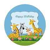 DORCEV 6.5x6.5ft Happy Birthday Round Backdrops Jungle Safari Animal Yellow Giraffe Horse Elk Floral Forest Scenery Photography Background for Kids Birthday Baby Shower Newborn 1st Party Banner Decor