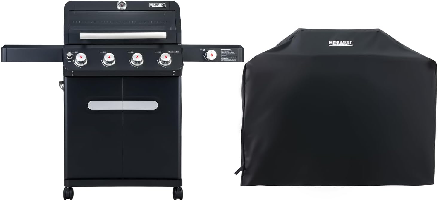 Monument Grills Outdoor Barbecue Stainless Steel 4 Burner Propane Gas Grill, 52,000 BTU Patio Garden Barbecue Grill with Side Burner and Knob Controls, Mesa425 with BBQ Cover