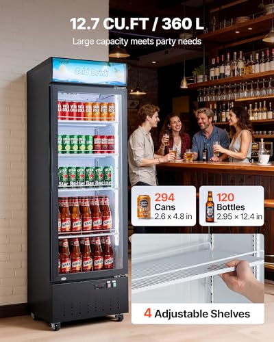 Image of VEVOR Commercial Merchandiser Refrigerator, 12.7 Cu.Ft / 360 L Glass Door Display Refrigerator, Upright Beverage Cooler with Customizable Lightbox, 4 Adjustable Shelves & Soft LED Light for Home Shops