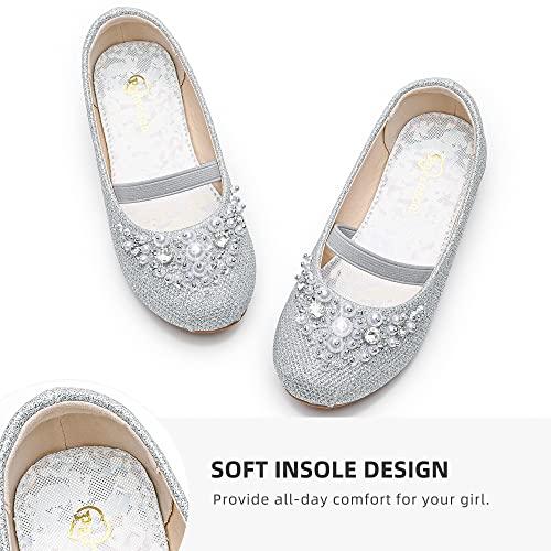 Parrosoo Flower Girl Shoes Girls Dress Shoes Size 4 Ballet Flats Low Heel Princess Mary Jane Toddler Girls Flats Little Kids Silver Glitter Rhinestone School Wedding Party (4001Silver 4) #TOP2