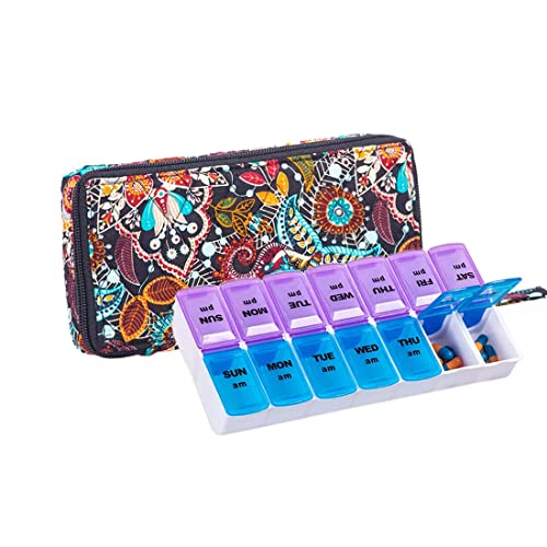 Image of Weekly Pill Organizer 2 Times a Day, Zumd Pill Box 7 Day with Cute Quilted Fabric Zipper Case, Travel Pill Case Am Pm for Vitamin Medicine Organizer
