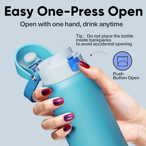 Image of Insulated Water Bottle with Straw - Encool Stainless Steel Water Bottle with Push Button Lid, Leak-Proof & BPA-Free, Keeps Cold for 24 Hours for Sports, Travel, Gym (32 oz, Silk Blue)