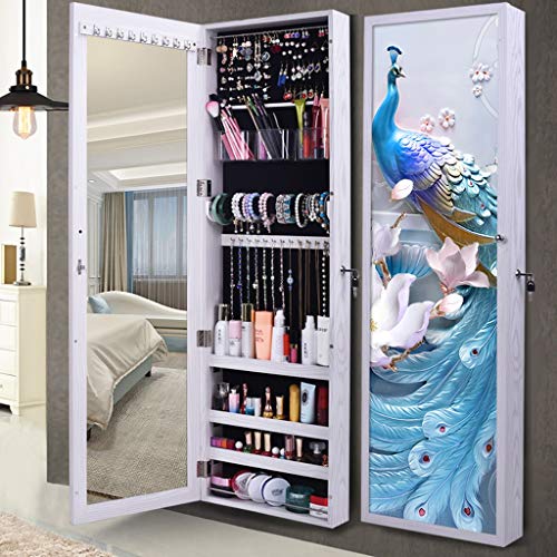 ZL Wall Mounted Maquillaje joyería Armario Organizador, 4 Niveles de Ahorro de Espacio Permanente Vestir Gabinete joyería con Cerradura for el Dormitorio, Pavo Real Azul de la Cubierta, Blanca