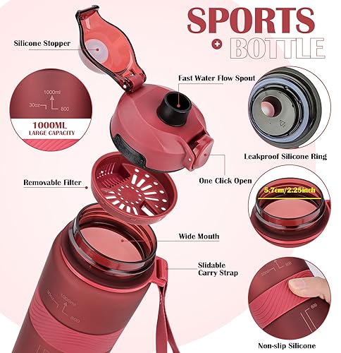 CodiCile Trinkflasche, BPA-frei, 1 Liter Trinkflasche Sport Auslaufsichere, Große Wasserflasche 1L Ideal für Fitnessstudio, Schule, Büro und Reisen (Rot)