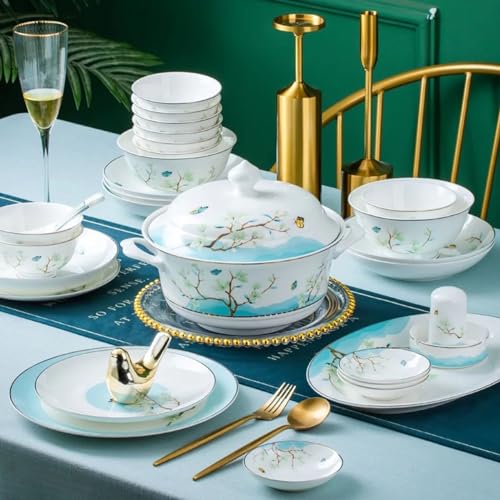 Zestaw zastawy stołowej z porcelany kostnej, 60 sztuk, biały wzór kwiatu magnolii, lekka luksusowa ceramiczna miska, naczynie i zestaw talerzy