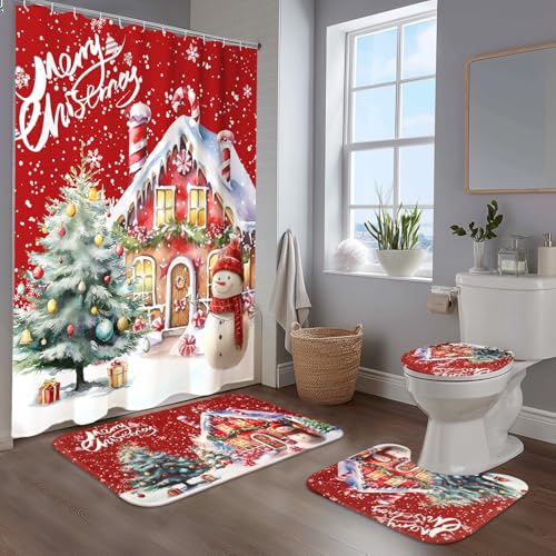 Vorhomness 4 Pcs Christmas Shower Curtain Set Waterproof Fabric Curtain with 12 Hooks Non-Slip Rugs and Toilet Lid Cover (Red)