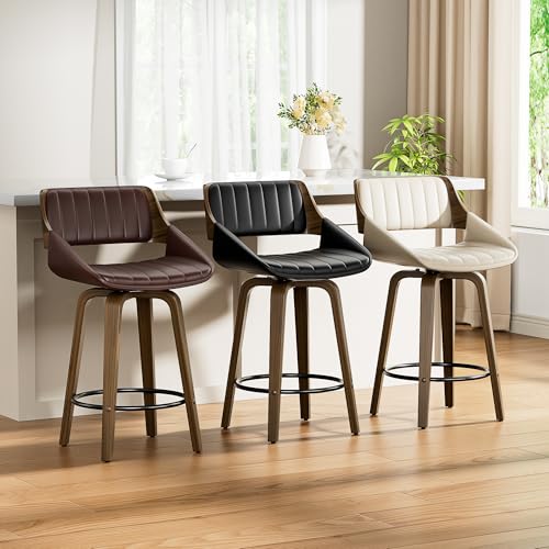 Image of YaFiti Bar Stools Set of 8, 26 inch Swivel Counter Height Barstools with Bentwood Back and Legs, Mid Century Modern Upholstered Faux Leather Counter Stools for Kitchen Island, Dining Room, Cream White