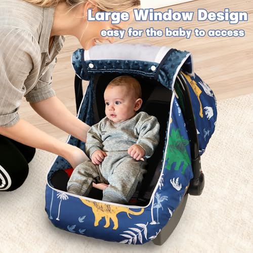 Image of Hooyax Baby Car Seat Cover with Dual Zipper, Extra Large Mesh Window Carseat Canopy, All-Season Weather Protection for Infant Car Seats & Strollers (Dinosaur)