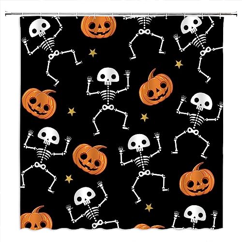 VPUPCN Halloween Skull Shower Curtain Cute Spooky Funny Skeleton Pumpkin Black and White Cartoon Kids Boys Haunted Holiday Polyester Curtains Bathroom Decor with Hooks 70