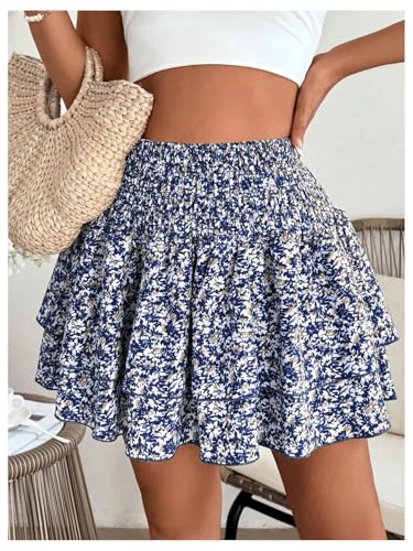 Floerns Women's Floral Ruffle Hem Layered Skirts Elastic High Waist Flared Mini Skirts4