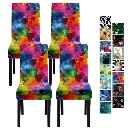 LEIWEIHOPE Watercolor Dining Chair Covers Set of 4, Stretch Spandex Chair Slipcovers with Abstract Rainbow Paint Splash Design, Removable Washable Seat Covers for Kitchen & Dining Room Decor