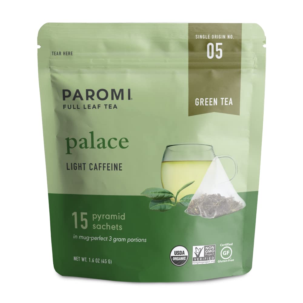 Paromi Organic Palace Green Tea, 15 Full-Leaf Pyramid Sachets in a Resealable Pouch — Single-Estate Green Tea, Mellow & Non-Astringent, Lightly Caffeinated, Non-GMO