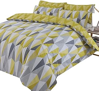 Dreamscene Billie Duvet Cover with Pillowcase Reversible Geometric Triangle Bedding Set, Yellow Ochre Black Grey - King