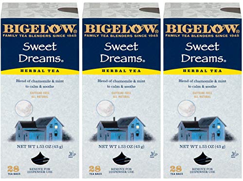 Bigelow Sweet Dreams Herbal Tea 28-Count Box (Pack of 3) Relaxing Blend of Chamomile & Mint Caffeine-Free Nighttime Herbal Tea in Individual Foil-Wrapped Bags