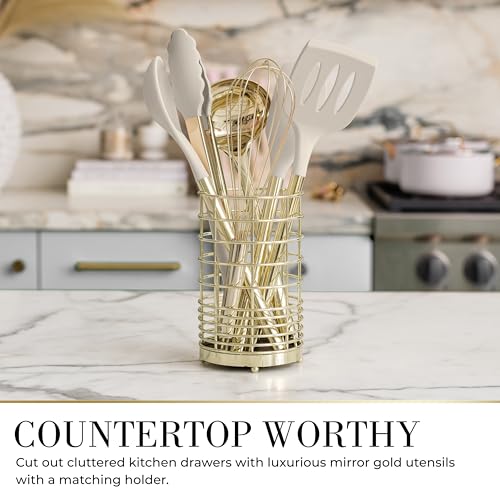 7-Piece Beige & Gold Kitchen Utensils Set – Non-Toxic Silicone & Stainless Steel Tools for Cooking, Serving, & Hosting – Ideal for Nonstick Cookware & Modern Kitchens, with Gold Utensil Holder