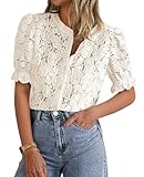 PRETTYGARDEN Womens 2026 Spring Lace Tops Short Puff Sleeve Casual Dressy Blouses Eyelet Crew Neck Button Down Shirts (Beige,Small)