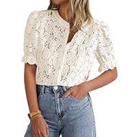 PRETTYGARDEN Womens Summer Lace Tops Short Puff Sleeve Casual Dressy Blouses Eyelet Crew Neck Button Down Shirts (Beige,Medium)