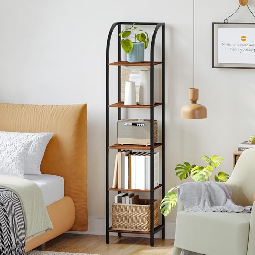 Hzuaneri Bookshelf Narrow Bookcase, Tall Storage Rack with Steel Frame, Display Standing Shelf Unit, Skinny Book Shelf for Study Living Room Home Office, Industrial Style, 5-Tier Rustic Brown BC55001B