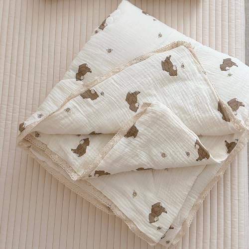 Image of BuLuTu 100% Muslin Toddler Quilt Thin Crib Comforter Girls Boys Quilted Blankets, 47 inchx59 inch, 1.5 Pounds, Soft Breathable Muslin Cotton Quilts, Bee Bear Pattern, Machine Washable