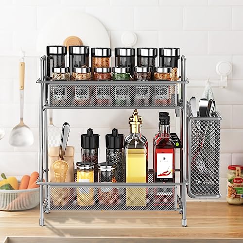 LEMIKKLE Spice Rack Organizer for Kitchen Counter, Kitchen Spices Organizer and Storage Seasoning Organizer for Cabinet, Kitchen Metal Countertop Organizer with Side Basket (Grey) - Thumbnail 5