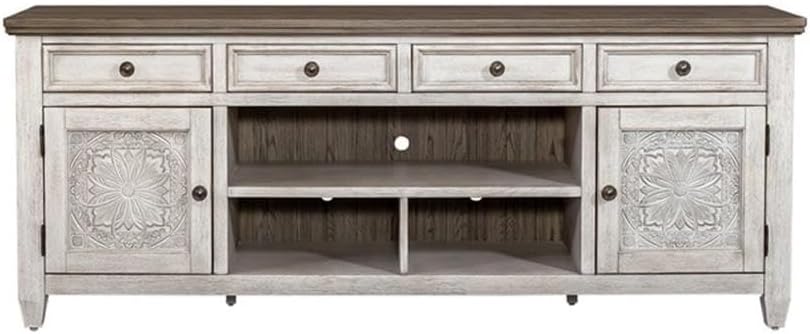 Liberty Furniture Heartland 76 Inch Tile TV Console for Living Room - Antique White with Tobacco Tops
