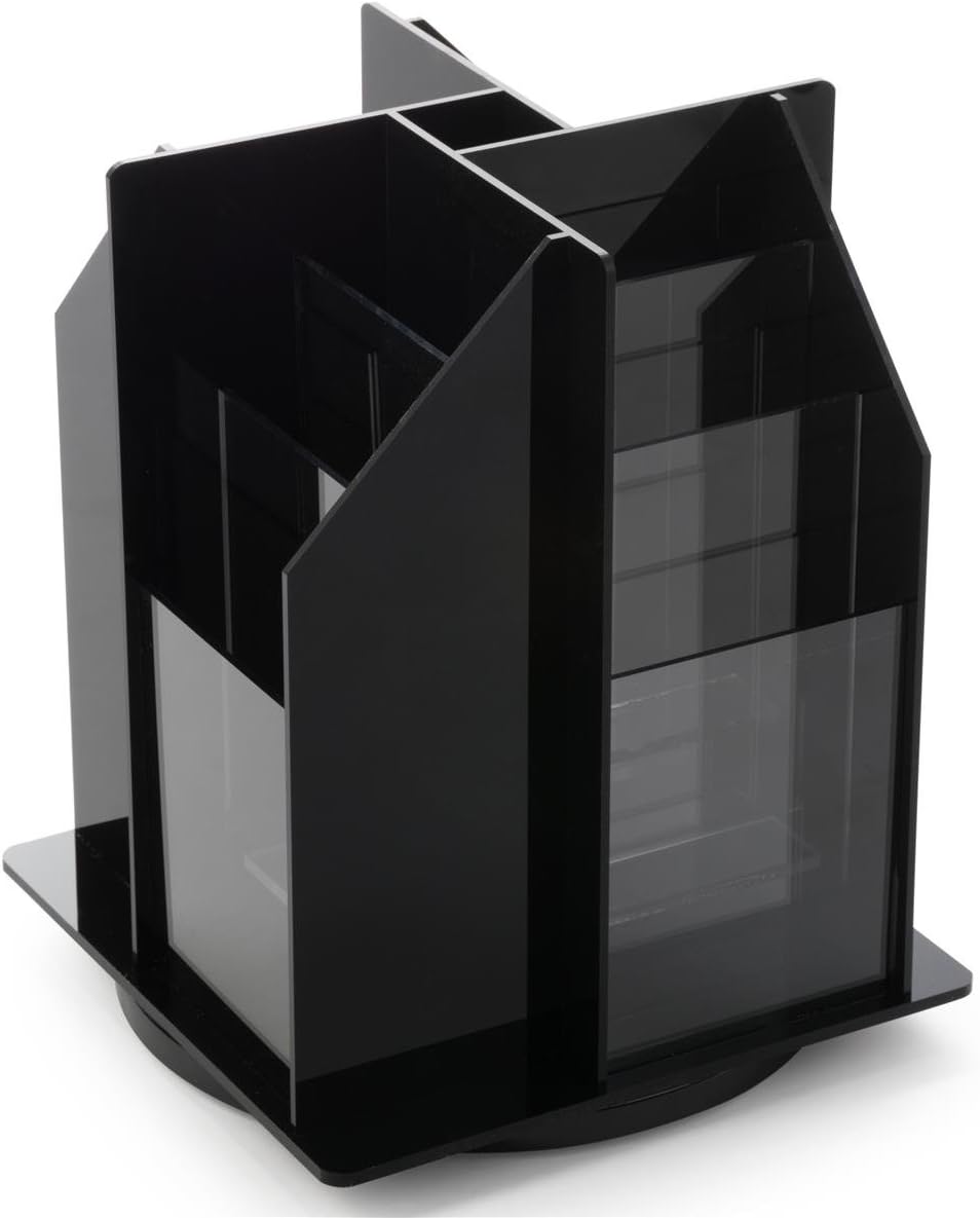 Displays2go Spinning Tabletop Brochure Holder for 4x9 Literature, 12 Tiered Pockets, 360 Degree Rotating Design for Countertop Use - Black Acrylic