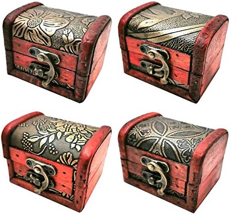Markeny 4 Styles Pattern Wooden Rings Case Box Little Treasure Chest Vintage Handmade Box with Mini Metal Lock for Storing Jewelry Treasure Pearl