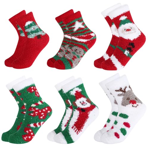 DIYASY 6 Pairs Christmas Fuzzy Socks For Women & Men, Cotton Fluffy Socks Slipper Socks for Women Girls