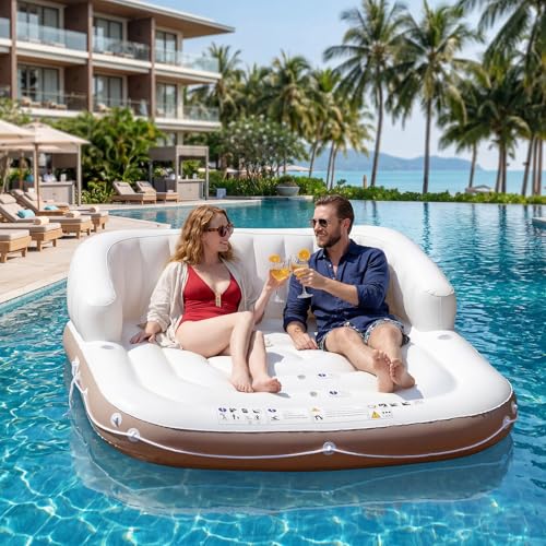 Image of Giantex Canopy Island Inflatable Lounge, Floating Island Raft w /SPF50+ Retractable Detachable Sunshade, Inflatable Pool Float Canopy w /2 Cup Holders Backrest Armrest for Pool Lake River