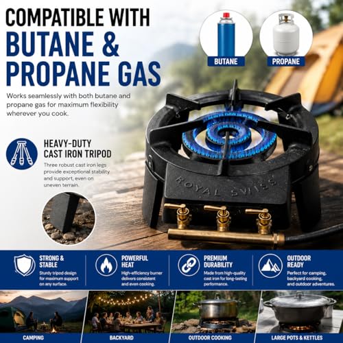 Royal swiss Gaskooktoestel met 3 kranen, krachtig en stabiel, van gietijzer, 9 kW, gemak, krachtige gasbrander voor buiten voor koken en braden - Afbeelding 5