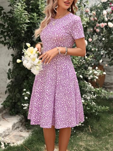 Image of Women's 2026 Fit and Flare Dress Summer Casual Elegant Vintage Floral Printed Work Party A-line Dress with Pockets 162