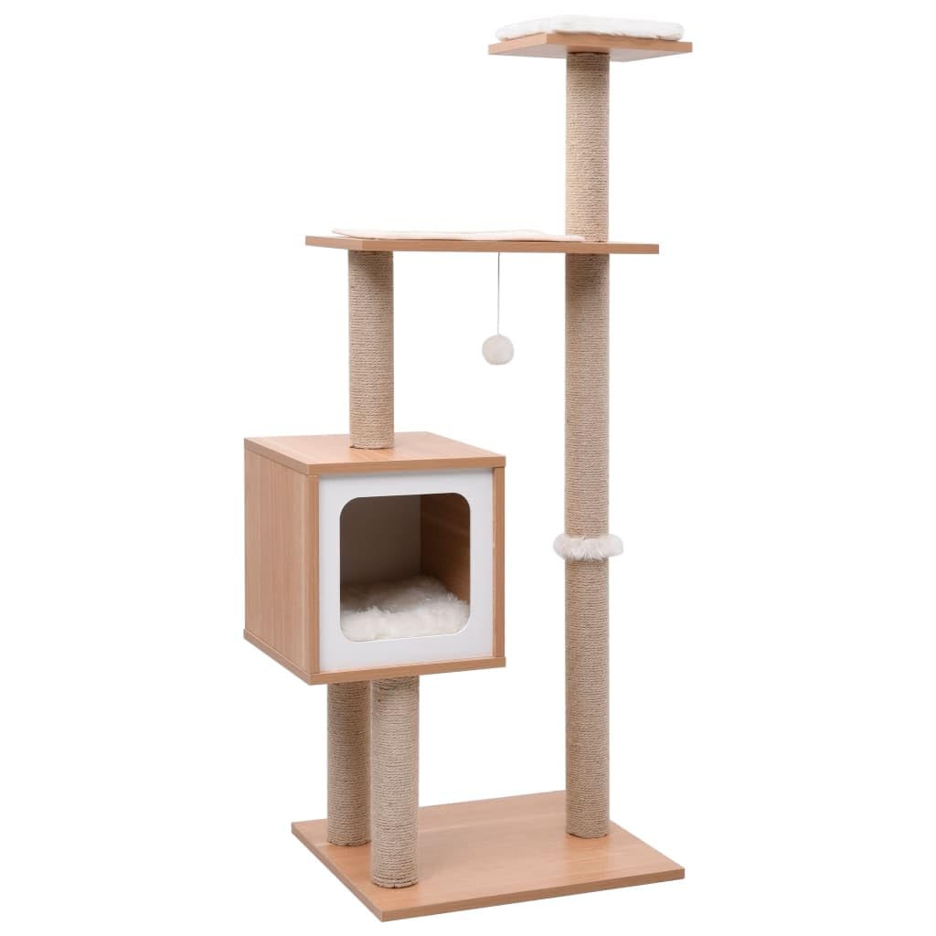 vidaXL Multi-level Cat Tree, Brown Wooden Sisal Cat Play Centre, Feline Furniture with House, Dangling Ball, Scratching Posts, Perch and Relaxing Areas.