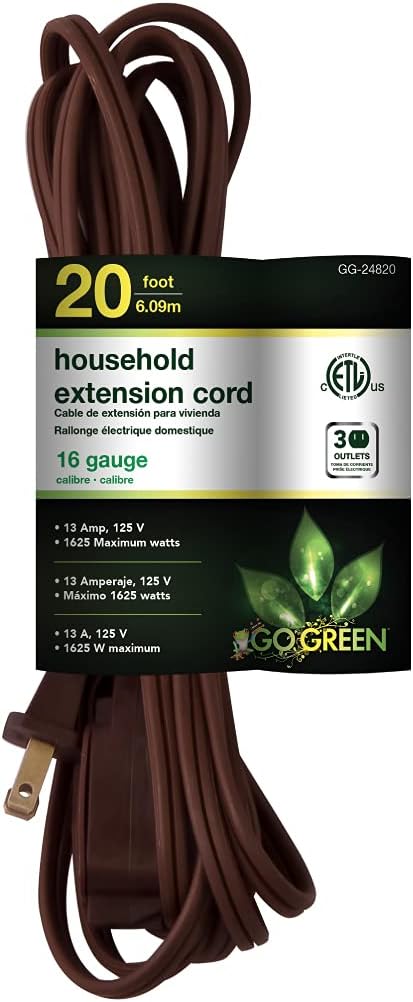Go Green Power Inc. 20ft Household Extension Cord, Brown, 3 Outlets - Indoor Use Only, Kink-Free, Child-Safe Covers, Ideal for Everyday Electronics