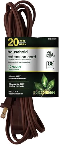 GoGreen Power (GG-24820) - Cable de extensión para el hogar de 162 de 20 pies, 3 tomas, color marrón