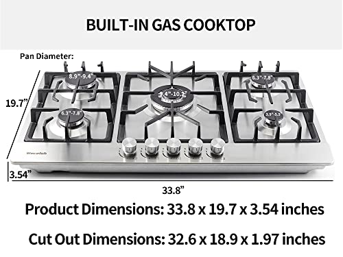 Weceleh 34 Inch Drop Built-In Gas Propane Cooktops Stove Tops 4 Burner, Dual Fuel Ng/Lpg Convertible, Thermocouple Protection, Stainless Steel, 37600 Btu Total Output #TOP4