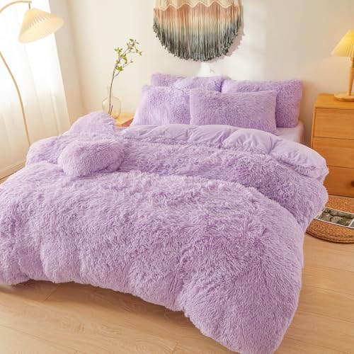 Faux Fur Fluffy Lavender Comforter Cover King Set – Plush Faux Fur Lavender Bedding 3-Piece Set (1 Duvet Cover + 2 Furry Pillow Shams) Cozy Bed Set