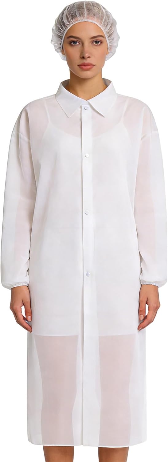 Oyolan 10Pcs Unisex Adult Knee Length Medical Lab Jacket Long Sleeve Disposable Gowns Work Outwear