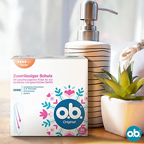 o.b. Tampons Original Super 56 Stk., mit StayDry-Technologie und geschwungenen Rillen für starke Tage, 100 Prozent pflanzlich basierter Tamponkern