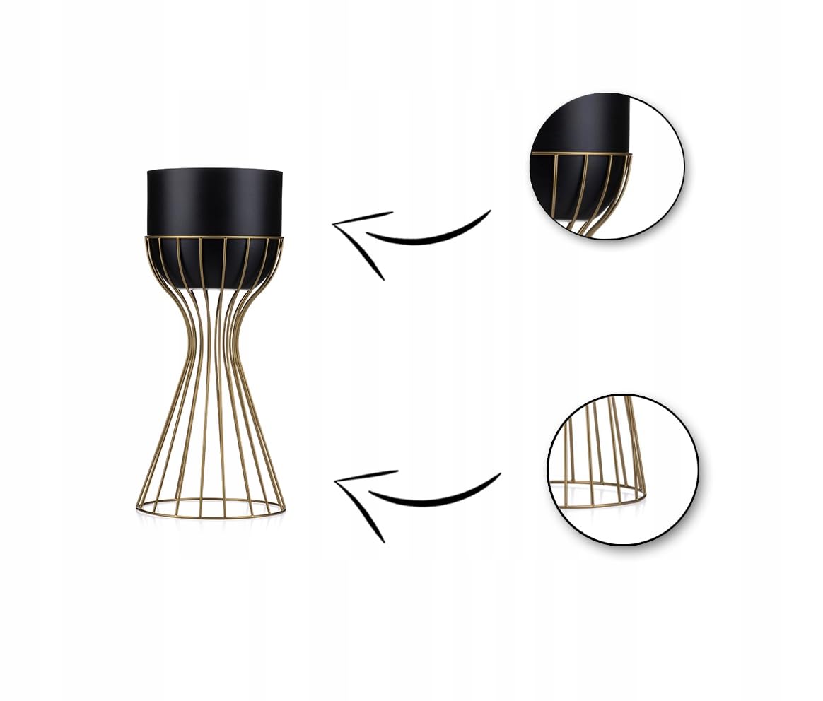 Moderno supporto per fiori in metallo, altezza 46 cm, con vaso di fiori nero, rotondo, diametro 18 cm, supporto in oro robusto, per la decorazione di interni