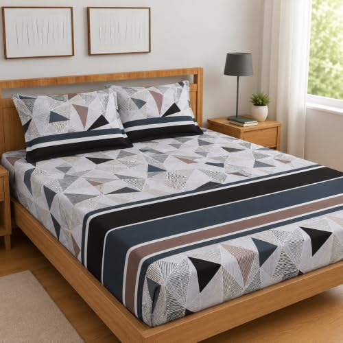Image of Premium Cotton Fitted Bedsheet King Size 78 x 72 x 8 Inches with 2 Pillow Covers | 220 TC | All-Around Elastic Deep Pocket Bed Cover | Black Grey Taupe Geometric