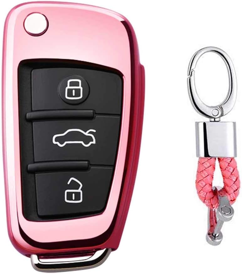 Pink Premium Soft TPU Car Key Case Shell Cover with Key Chain for Audi A1 S1 A3 S3 RS3 A4 S4 RS4 A6 S6 RS6 Q2 Q3 Q5 Q7 TT TTS