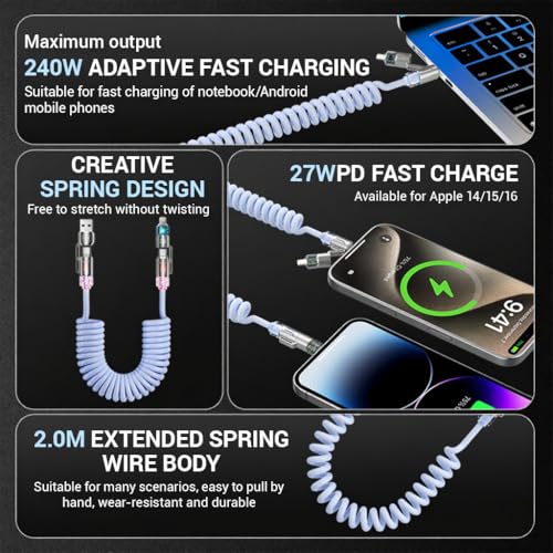 Image of Verilux 4-in-1 USB to Type C Cable for iPhone 17 /16 /15 /14, PD 240W Type C Cable Fast Charging with 480Mbps Data Transfer, Fashion Retractable Lighting Cable Design for Home, Car, Travel, Office, Blue