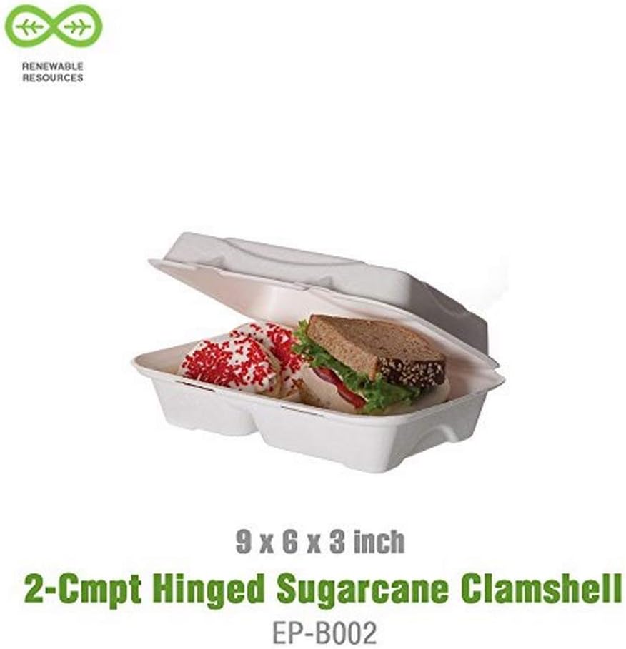 Eco-Product EP-B002 Plant Based Plastic 2 Compartment Renewable and Compostable Sugarcane Clamshell, 9" Length x 6" Width x 2-1/2" Height (Case of 2, 125 Per Pack)