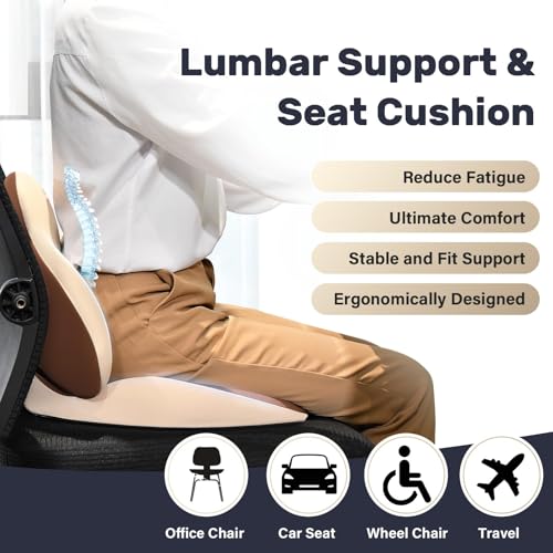 Image of Coverado Seat Cushion and Lumbar Support Pillow for Car Office Chair, Ergonomic Memory Foam Desk Chair Cushion Back Support Pillow, Sciatica & Back & Tailbone Pain Relief Cushion-Beige