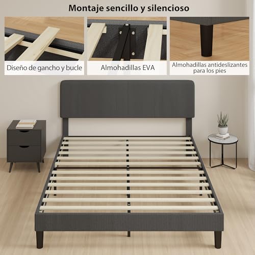 HOMCOM Somier 160x200 cm con Cabecero Ajustable, Estructura de Cama, Tapizado en Pana, Láminas de Madera, Fácil de Montar, Gris Oscuro - imagen 6