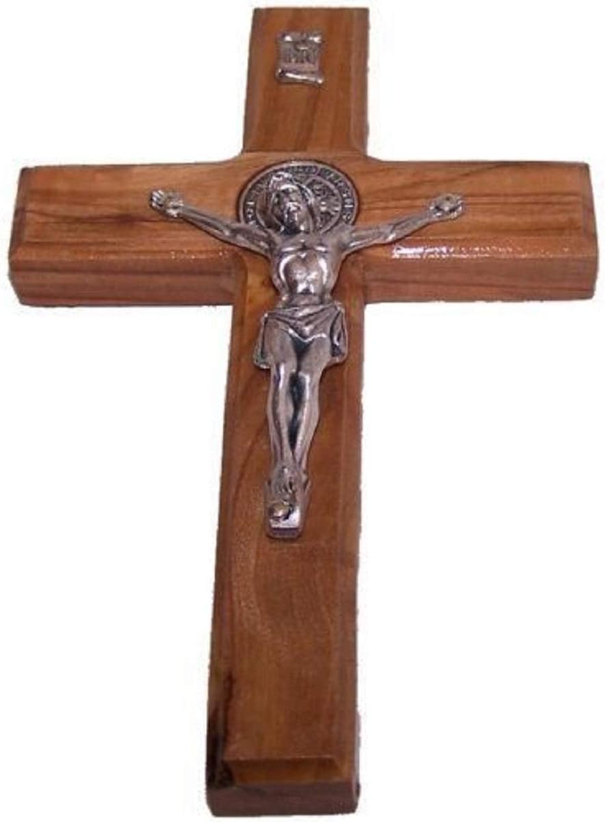 Bethlehem Gifts TM Handcarved St Benedict Cross Saint Benedict Crucifix Medal Made of Olive Wood from Holy Land (10 inches)