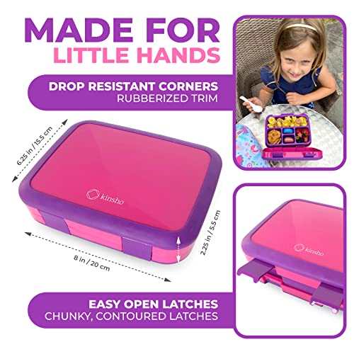 Image of kinsho Bento Lunch Box for Kids Toddlers Girls, 5 Portion Sections Secure Lid, Microwave Safe BPA Free Removable Tray, Pre-School Kid Daycare Lunches Snack Container Ages 3 to 5, Pink Purple