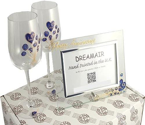 Dreamair 45th Sapphire Wedding Anniversary Wine Glasses and Photo Frame Gift Set