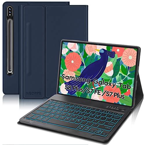 IVEOPPE Funda con Teclado para Samsung Tab S7 FE / S7 Plus / S8+ / S8 Plus 12.4'', Teclado Inalambrico Bluetooth 7 Colores...